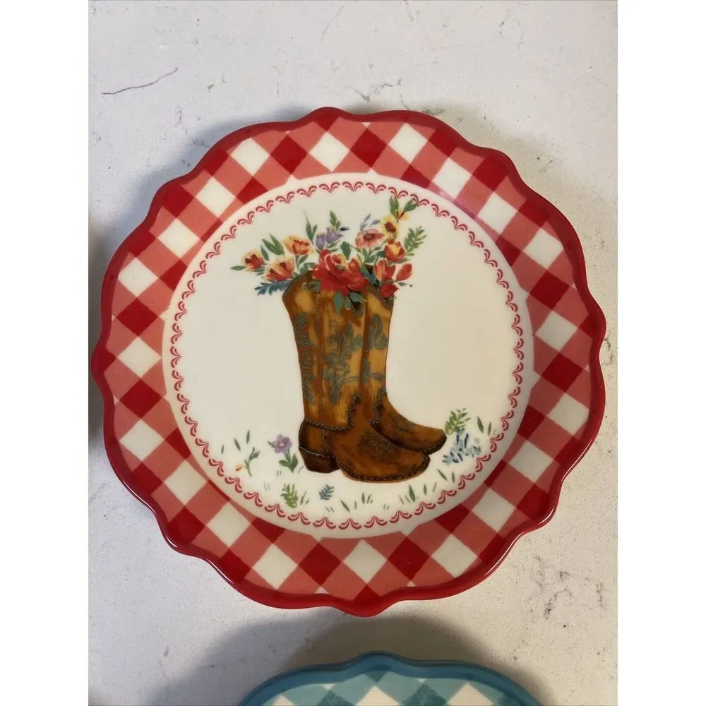 Four (4) Pioneer Woman ~ Gingham Edge w/Cow Pattern ~ 7